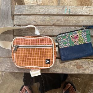 Orange Checkered Crossbody Bag and Blue Animal Print Pouch